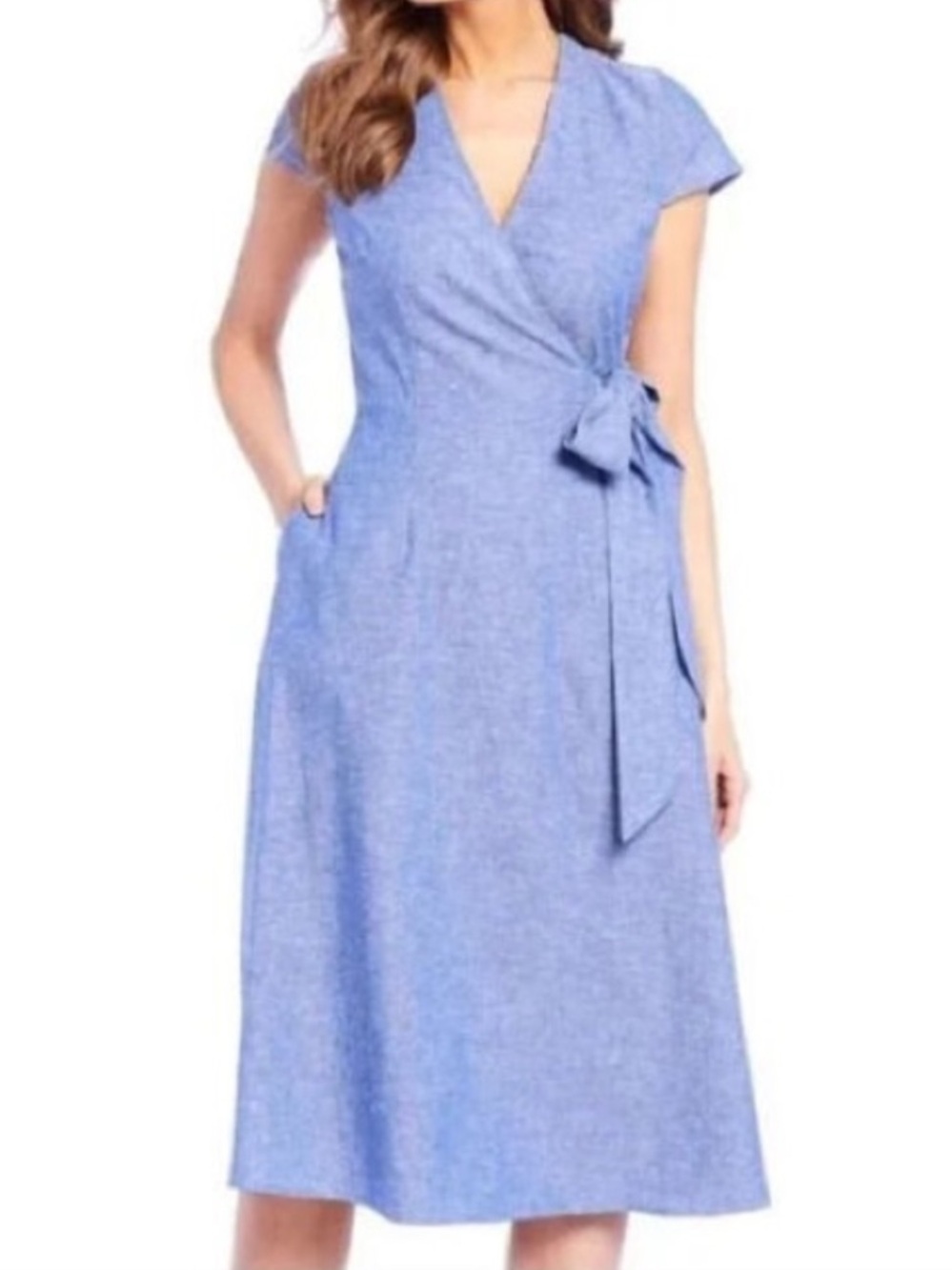 NWT Alex Marie Linen Chambray V-Neck Blue Wrap Midi Dress with Pockets